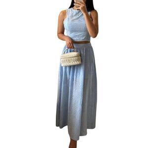 Casual 2Piece  Light Blue Eyelet Maxi Skirt with Matching Crop Top sz Large